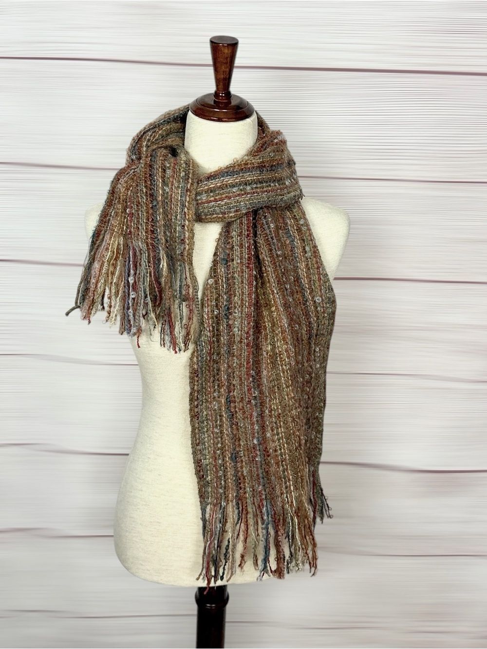 Striped Wool Scarf Textured Novelty Yarn Taupe Gray Olive Burgundy with Fringes